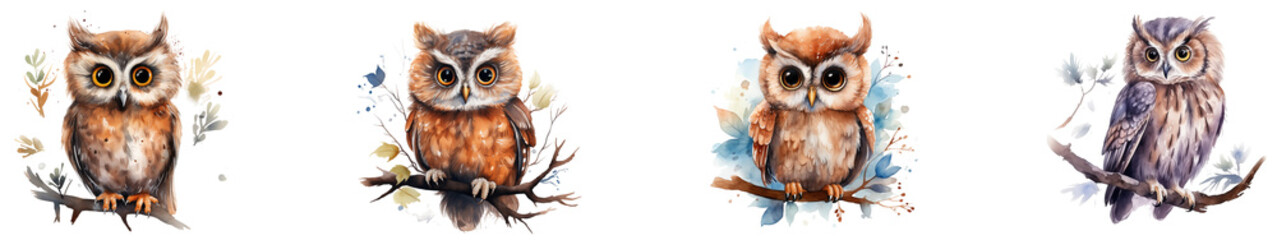 Fototapeta premium A cute paster color watercolor owl isolated on transparent background generative Ai