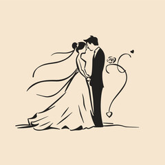 vector one line art bride and groom wedding couple isolated background