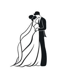vector one line art bride and groom wedding couple isolated background