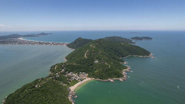 aerial image of beaches in Bombinhas, coast of Santa Catarina, southern Brazil, sunny day, green sea water