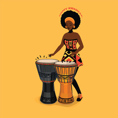 Capture the vibrant energy of a Kuumba celebration with drumming and dance, showcasing creativity and the arts as part of the Kwanzaa festivities in vector style