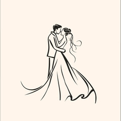 vector one line art bride and groom wedding couple isolated background