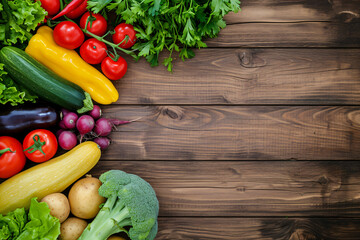 Colorful vegetables arrangement on wooden background