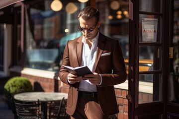 A stylish gentleman in a chocolate brown blazer engrossed in a classic novel outside a quaint...
