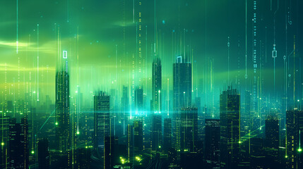 High Tech Smart City Abstract Background. Sustainability, Technology, Big Data, ICT. Futuristic, Connected, AI Powered. Urban Development, Cloud Infrastructure, 5G Network, IoT. Cyberspace Neon Glow