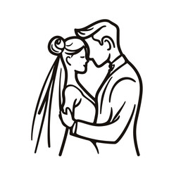 vector one line art bride and groom wedding couple isolated background