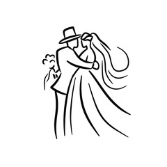 vector one line art bride and groom wedding couple isolated background