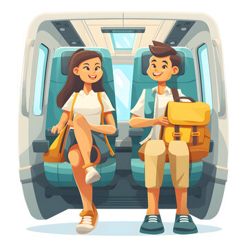 A couple finding their seats on an intercity train isolated on white background, png
