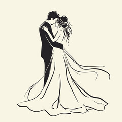 vector one line art bride and groom wedding couple isolated background