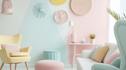 Chic living room with pastel tones and decorative wall fans.
