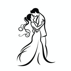 vector one line art bride and groom wedding couple isolated background