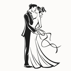 vector one line art bride and groom wedding couple isolated background