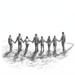Community members forming a human chain to rescue someone isolated on white background, sketch, png
