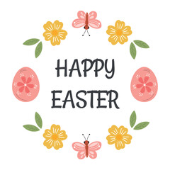 Obraz premium Happy Easter label, badge with wreath of flowers and eggs, Easter holiday painted egg symbol. Round sticker, floral frame for gifts package, greeting cards, invitation.