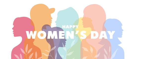 International Womens Day banner. Women of different nationalities, silhouettes of women. Girl power, struggle for equality, feminism, sisterhood concept. Vector illustration