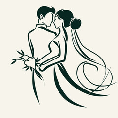 vector one line art bride and groom wedding couple 