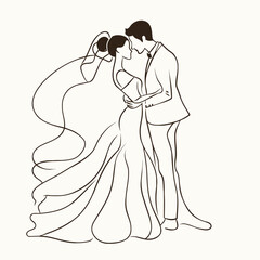 vector one line art bride and groom wedding couple 