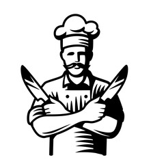 chef in hat with knives. Man with cook uniform