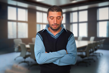 Fototapeta na wymiar Young Caucasian Man Upset in the Conference Room