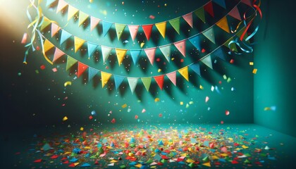 festival backdrop with bright blue walls with several sets of colorful triangular pennants scattered throughout - obrazy, fototapety, plakaty