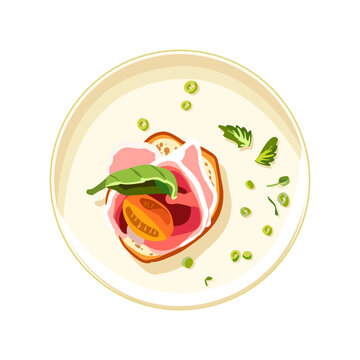 Appetizing bruschetta with meat and lettuce on a porcelain plate. Vegetables on toast. Healthy food for lunch. Self care. Vector illustration