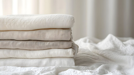 Modern Comfort: A Pile of Luxurious White Linens in Boho Style. Generative AI