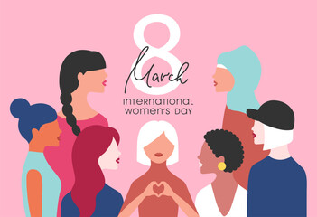 International Womens Day greeting banner. Women different nationalities on pink background. Girl power, struggle for equality, feminism, sisterhood concept. Vector.