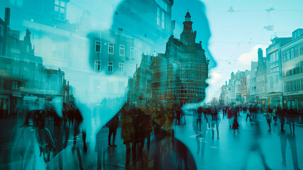 People in the city. Portrait of young woman on a hustling street. Double exposure with woman and city on the background