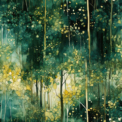 Creative abstract background wallpaper. Repetitive pattern, seamless forest background for the textiles and designs. Beautiful oil watercolor and ink painting in green, gold and yellow