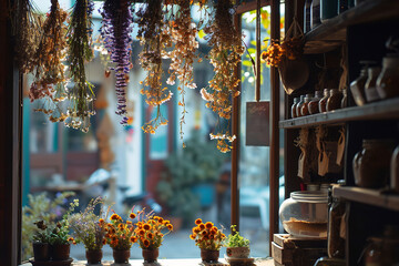 Quaint tea house with hanging dried herbs and flowers - offering patrons an array of herbal teas in a cozy - charming atmosphere.