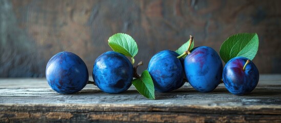 Fresh organic blue plums displayed in a rustic fruit still life on a wooden table.