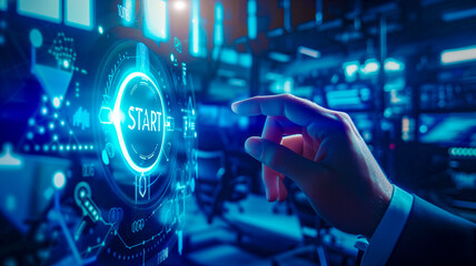 Hand point finger press start button. beginning of a process or innovation. new target. Futuristic and interactive technology concept.	
