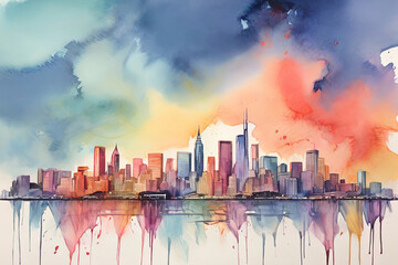 Fototapeta premium Watercolor cityscape. Explore the charm of a big city skyline captured in vibrant watercolors. Perfect for adding a touch of artistic elegance to your projects. 