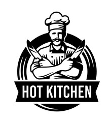 chef in hat with knives. Emblem Logo vector design.