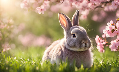 Fototapeta premium Easter enchantment: Rabbit in a spring blossom field