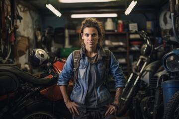 Fototapeta na wymiar Capturing the Essence of a Passionate Female Motorcycle Mechanic in Her Element, Surrounded by Tools and Bike Parts