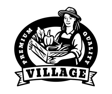 Woman farmer with vegetables Emblem Logo vector design.