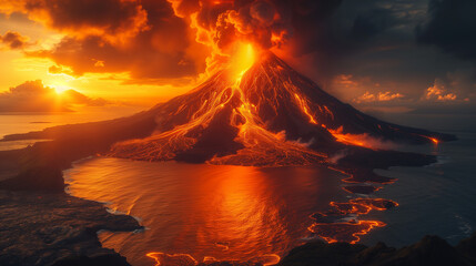 真っ赤な炎を噴出する火山 - obrazy, fototapety, plakaty