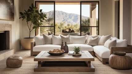 beautiful small space casual living family room soft neutral wood beams  and a gorgeous grouping of swivel color fabric chairs around a striking coffee table coastal design nature freshness home