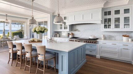 coastal interior design concept dining natural material cosy comfort Woven pendant lights bring a modern coastal feeling to this light and airy kitchen The stylish counter stools are a favorite theme