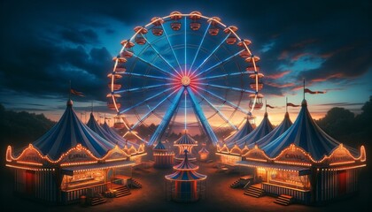 A panoramic view of a carnival scene at twilight - obrazy, fototapety, plakaty