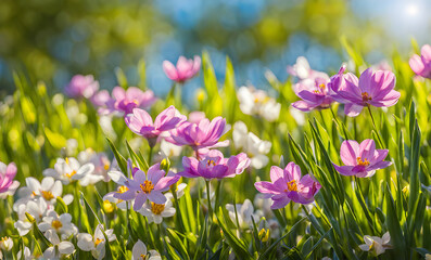 Fototapeta premium Sunny spring field: Vibrant flowers under the sun