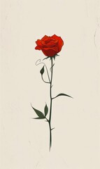 A minimalist wedding invitation with a clean white background, a single red rose illustration, simple line art