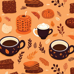Seamless Autumn hygge pattern with book teapot leaves