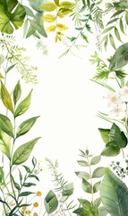 Botanical garden-themed wedding invitation, featuring a variety of green leaves, watercolor flowers, a delicate frame