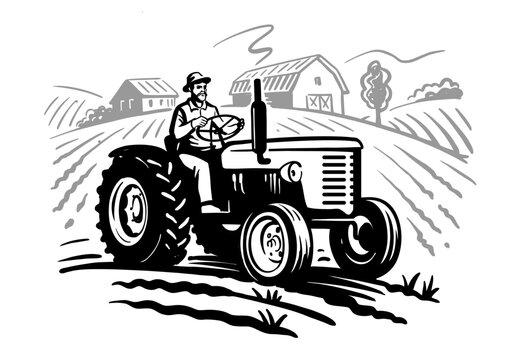 Country farm with tractor. Countryside sketch