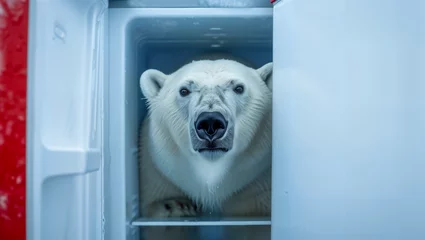 Fotobehang Provocative depiction of a polar bear attempting to cool off in a refrigerator due to climate change and ongoing global warming © Erich