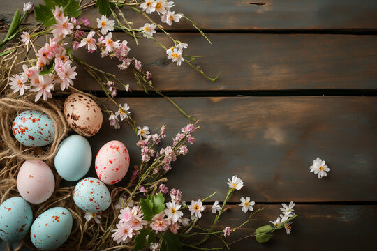 Easter Eggs on Wooden Background