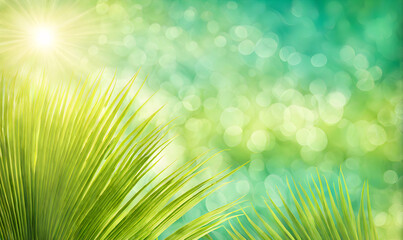 Obraz premium Serene summer beach scene with palm leaves, sand, and sea