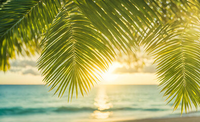 Fototapeta premium Serene summer beach scene with palm leaves, sand, and sea